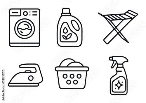 Laundry icons: washing machine, detergent, iron, basket, spray, drying rack