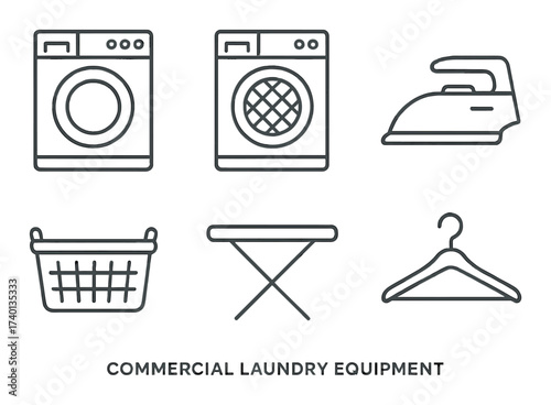 Commercial laundry equipment icons: washer, dryer, iron, basket, ironing board, hanger