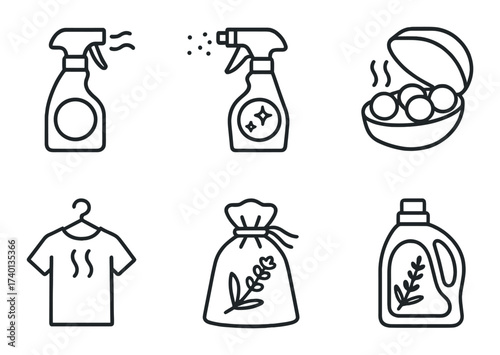Cleaning and laundry product icons: spray bottles, detergent, clothes, fresheners
