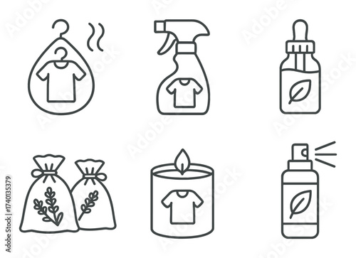 Household items for fresh clothes and aromatherapy on dark background