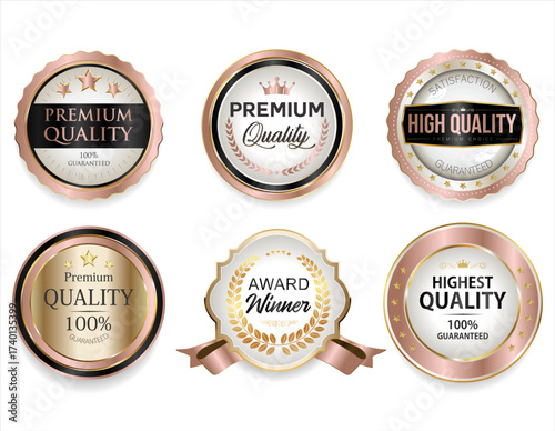 Collection of premium quality and customer satisfaction warranty guaranteed gold and pink badges and emblem