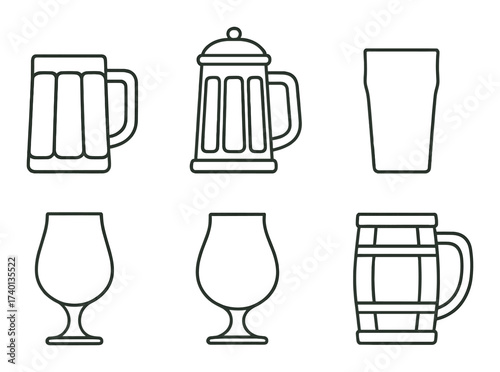 Collection of beer glass and barrel line icons on brown background