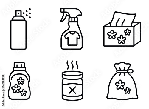 Household cleaning supplies icons: spray bottle, detergent, jar, box, bag on dark background