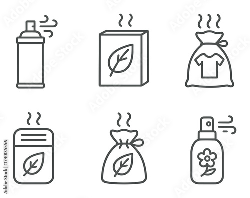 Eco-friendly odor control icons: spray, bag, pouch, block, diffuser, freshener