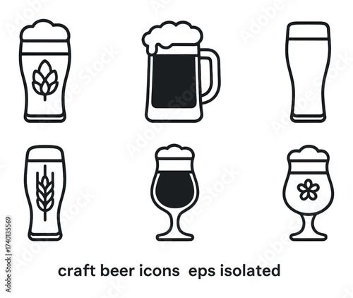 Set of craft beer icons with various glass designs on brown background