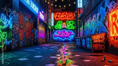 Vibrant neon graffiti lights up a lively urban alleyway at night scene