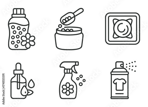 Collection of laundry and cleaning product icons with grey background