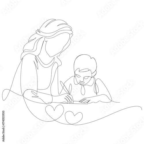 Continuous line drawing of a mother and child learning together with hearts writing
