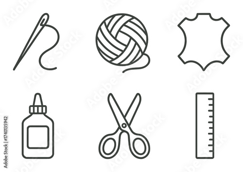 Crafting essentials: needle, yarn, leather, glue, scissors, and ruler icons