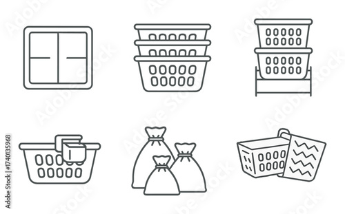 Black and white laundry icons: baskets, bags, and hampers in various arrangements