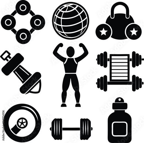 Fitness and gym icon set a collection of sports equipment and training symbols for health and wellness
