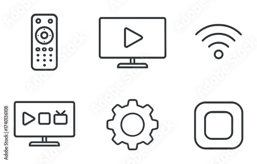 Monochrome media icons set featuring remote control, tv, wi-fi, settings, and power symbols