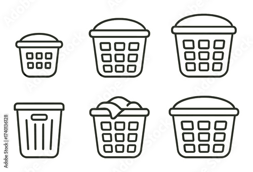 Outline icons of baskets with lid and open containers on metallic background