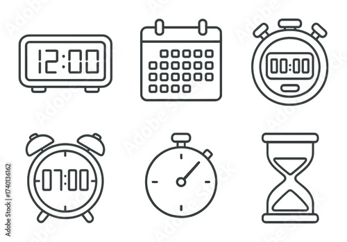 Monochrome time icons displaying clocks, calendar, stopwatch, and timer