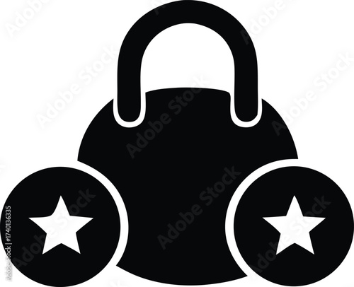 Black bell icon with stars symbolizing quality and popularity for notifications or alerts simple graphic design element