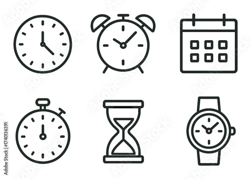 Clock and timekeeping icons: clock, alarm, calendar, stopwatch, hourglass, watch