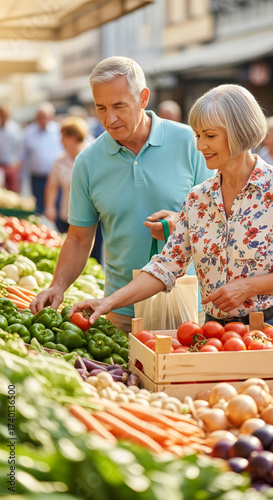 Senior couple man and woman shoppers choosing fresh vegetables at vegetable market