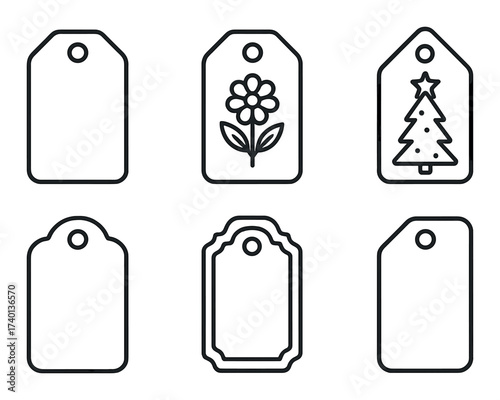 Set of six decorative blank tags with flower and tree designs
