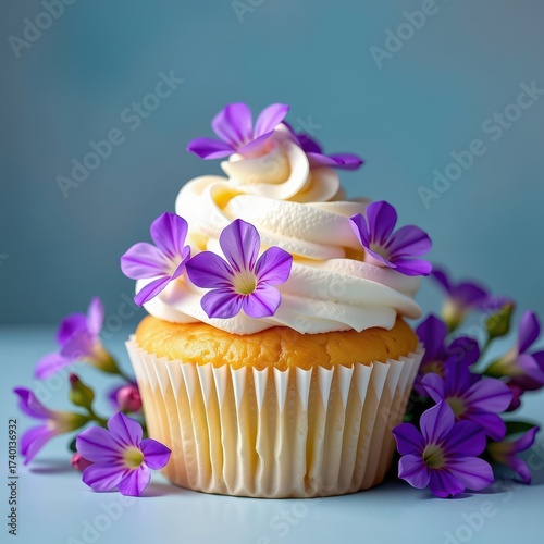Delicate purple freesia blossoms adorn a vanilla cupcake topped with fluffy whipped cream frosting, bloom, pastry, cake
