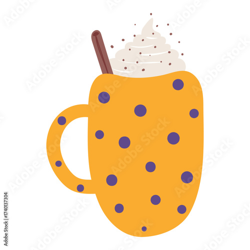Mug with hot drink, whipped cream, cinnamon stick isolated on transparent. Hand drawn flat vector illustration. Traditional holiday food, sweets, Christmas, New Year, seasonal design element, clip art
