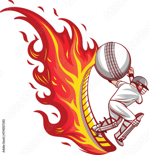 Cricket batsman hitting a fiery six with a red and yellow flame effect on a white background sport