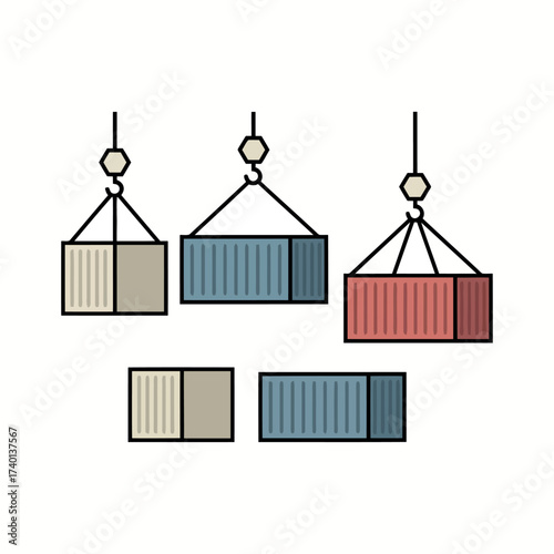 Set Of Shipping Containers Being Lifted By Cranes And Resting On Ground cargo container freight container