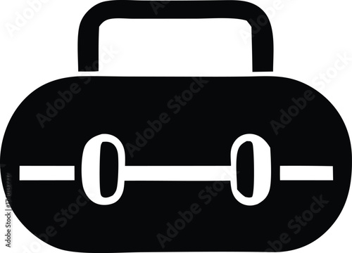 Simple black silhouette icon of a duffel bag or gym bag with a handle and two side compartments for easy storage and travel