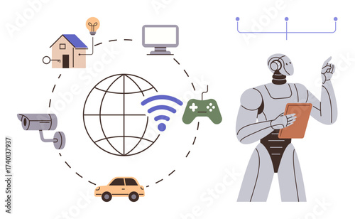 Robot holding clipboard near interconnected IoT icons house, lightbulb, car, camera, computer, game controller, wireless globe. Ideal for AI, IoT automation innovation connectivity smart homes