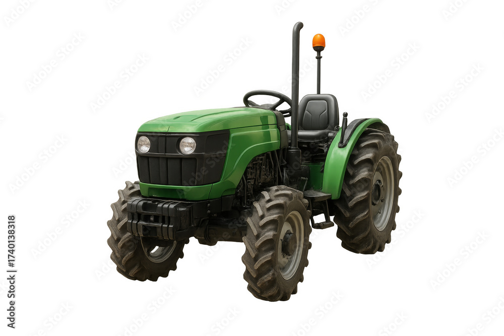 Obraz premium Green farming tractor moving preparing land for agriculture