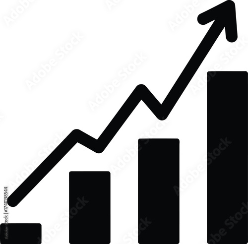 Black bar graph with upward trending arrow on white background Keywords: graph, chart, bar, bars, increase, growth, rising