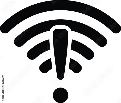 Black Wi Fi symbol with exclamation mark and dot on white background Keywords: wifi, wireless, internet, connection, signal