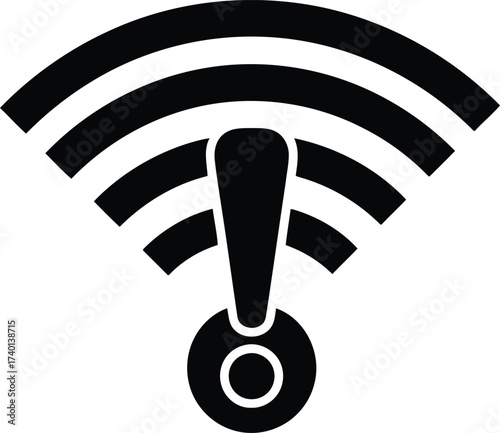 Black wifi signal icon with exclamation mark on white background internet connection