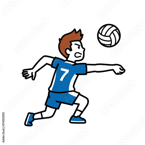 Cartoon illustration of a volleyball player in action, preparing to bump the ball. The player is wearing a blue and white jersey with the number 7.