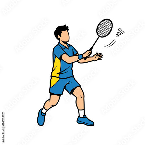 A man in sportswear hits a shuttlecock with a badminton racket in a dynamic pose.