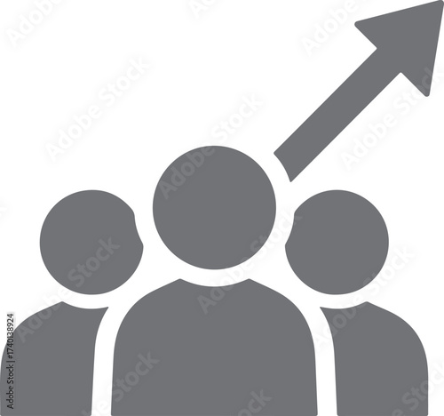 Group of three gray people icons with an upward trending arrow indicating growth and teamwork on a white background Keywords: people, group, teamwork, collaboration, growth, upward, arrow, success