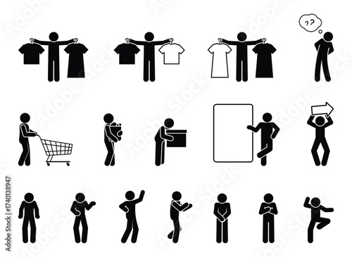 People in a store, shopping for clothes and groceries, icon set, stick figure stickman isolated silhouette, T-shirt sale