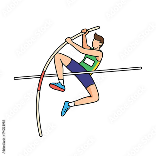 An illustration depicts a male athlete mid-air, vaulting over a bar with a pole.