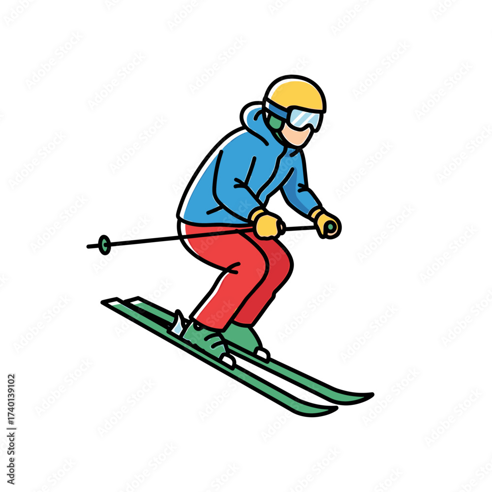 Obraz premium Illustration depicting a skier in motion, gliding down a snowy slope with skis.