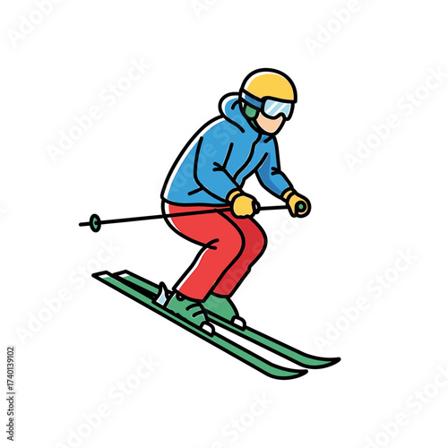 Illustration depicting a skier in motion, gliding down a snowy slope with skis.