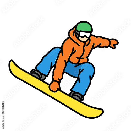 Cartoon illustration of a snowboarder in action, wearing an orange jacket and blue pants on a yellow snowboard.
