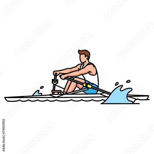 A man rows a scull boat, creating splashes of water as he propels the vessel forward.