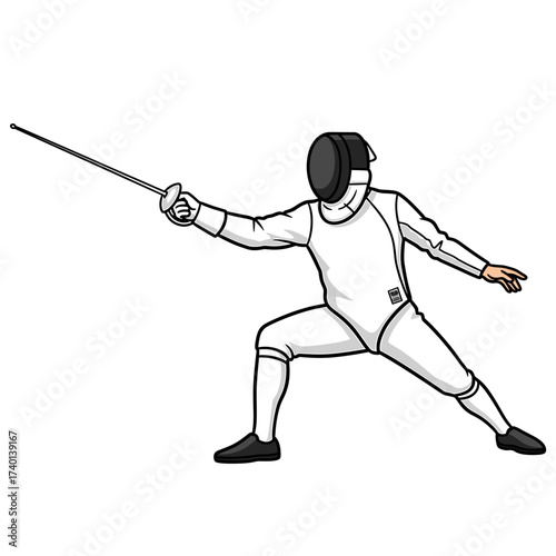 Fencer in white uniform lunging forward with foil extended, ready for a bout.