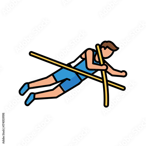 An athlete in blue uniform is depicted pole vaulting, clearing the bar.
