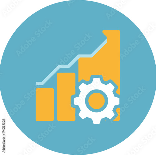 Icon with orange bar graph and upward arrow with white gear on a blue circular background Keywords: business, growth, chart, graph, arrow, up, upward, trend, gear, cogwheel, mechanism, industry