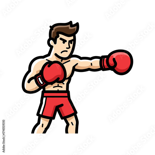 Cartoon illustration of a muscular boxer with red gloves and shorts in a fighting stance, ready to punch.