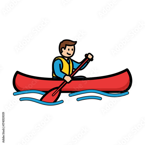 Cartoon illustration of a person paddling a red canoe on blue water, wearing a yellow life vest.