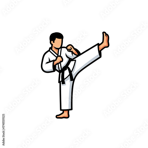 Cartoon illustration of a martial artist in a white uniform with a black belt performing a high kick.