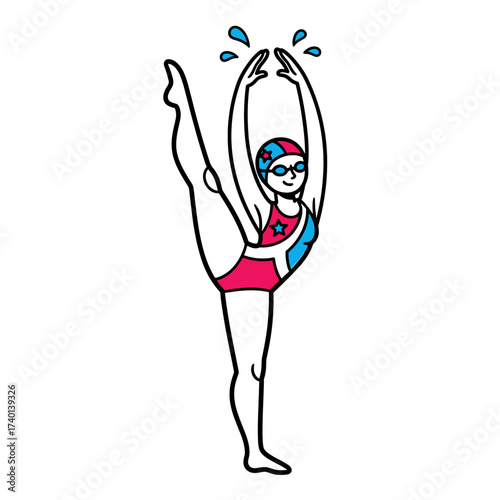 A swimmer in a red and blue swimsuit is performing a synchronized swimming pose, with water droplets.