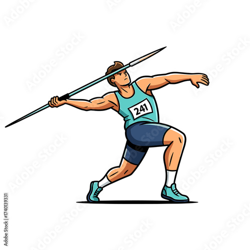 An athlete is throwing a javelin. He is wearing a blue uniform and white socks.