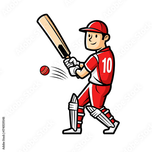 A cartoon cricketer in red uniform swings a bat, hitting a ball.